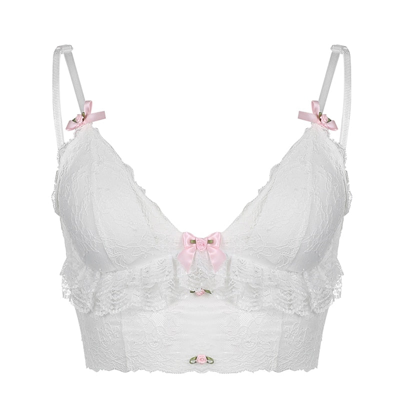 Women Sexy Lace Corset Tops V-neck Adjustable Sling Bowknot See Through Crop Tank Top Fairy Grunge Aesthetic Kawaii Vest